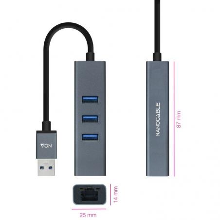 Hub USB 3.0 Nanocable 10.03.0407/ 3 Puertos USB/ 1 RJ45/ Gris