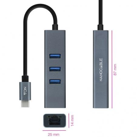 Hub USB 3.0 Tipo-C Nanocable 10.03.0408/ 3 Puertos USB/ 1 RJ45/ Gris