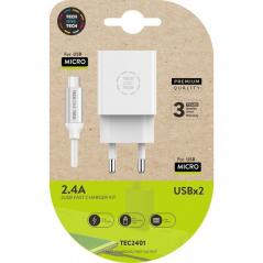 Cargador de Pared Tech One Tech TEC2401/ 2xUSB + Cable Micro USB/ 2.4A/ Blanco