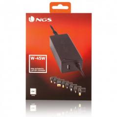 Cargador de Portátil NGS W-45W/ 45W/ Automático/ 8 Conectores/ Voltaje 19-20V/ 1 USB