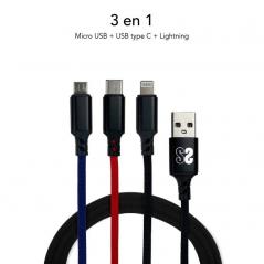 Cable USB 2.0 Subblim SUB-CAB-3IN101/ Micro USB + USB Tipo-C + Lightning - USB Macho/ 1m