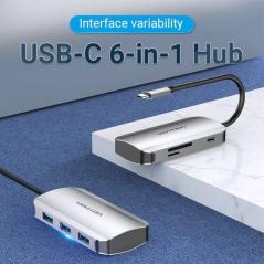 Docking USB Tipo-C Vention TNHHB/ 3xUSB/ 1xUSB Tipo-C PD/ 1xLector Tarjetas SD y MicroSD/ Gris
