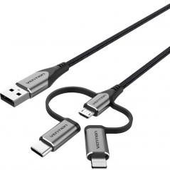 Cable USB Tipo-C Vention CQJHF/ USB Macho/ USB Tipo-C Macho - MicroUSB Macho - Lightning Macho/ 1m/ Gris