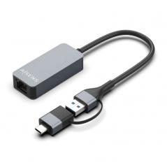 Adaptador USB 3.2 Gen1 Aisens A109-0710/ USB Macho - USB Tipo-C Macho - RJ45 Hembra/ 2500Mbps/ 15cm/ Gris
